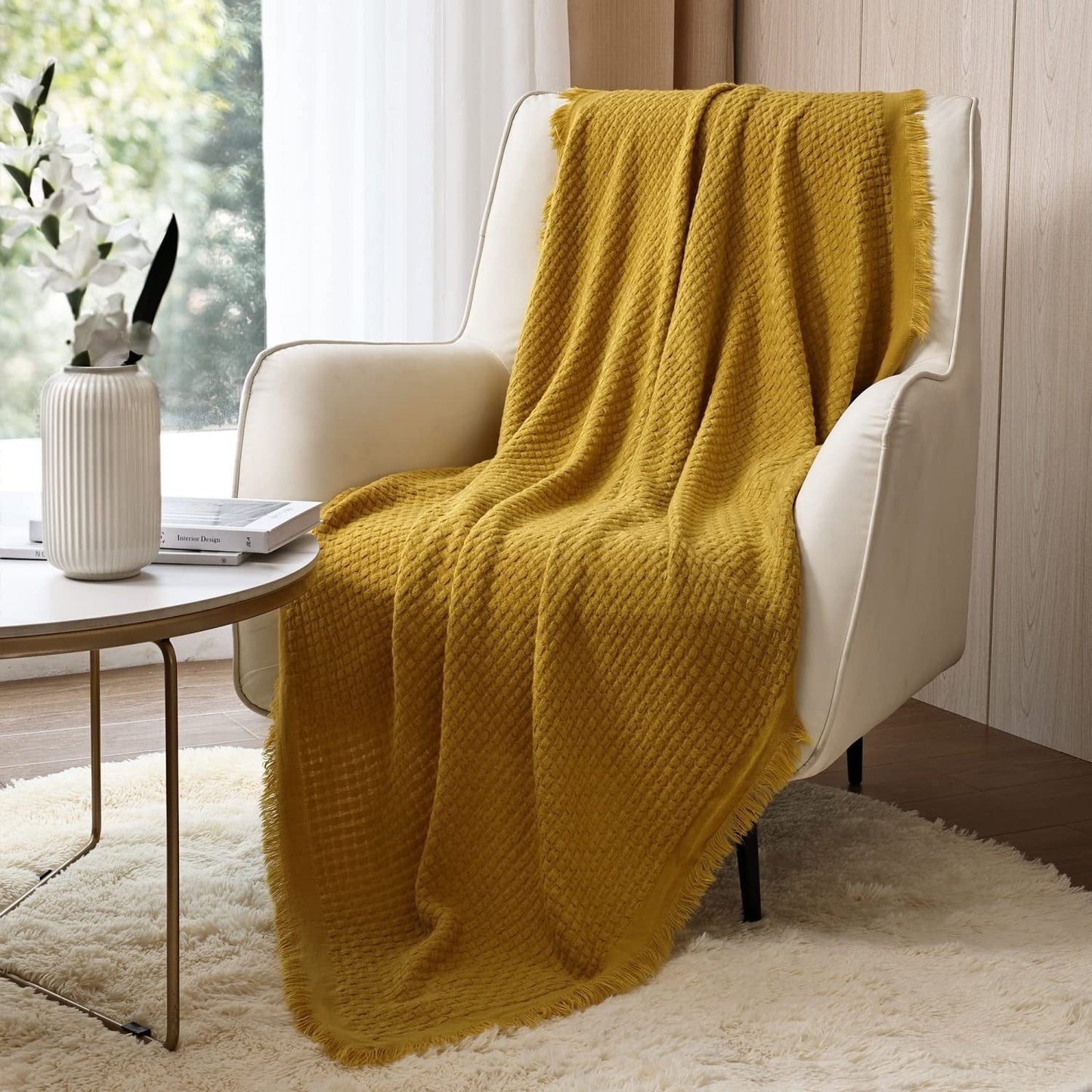 CREVENT Pătură tricotată din rugină pentru canapea, canapea, scaun, pat, decorațiuni interioare, moale, caldă, confortabilă, ușoară, pentru primăvară, vară, toamnă (127,8 X 152,4 cm Caramel / maro / portocaliu ars) Paturi si Cuverturi CREVENT Galben