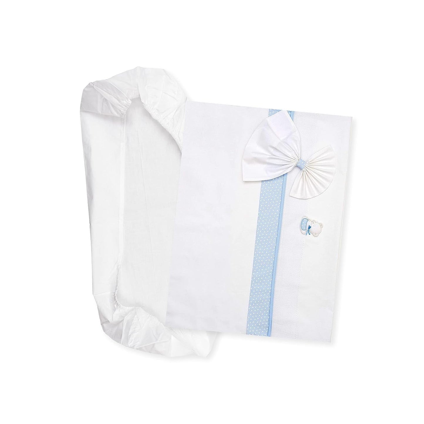 Set de lenjerie de pat Carrycot alb și roz, format din 1 cearșaf cu colțuri, 1 cearșaf de sus cu panglică Aida pentru broderie și 1 față de pernă, 100% bumbac, Made in Italy Plapumi si pilote Naty Shop Albastru deschis