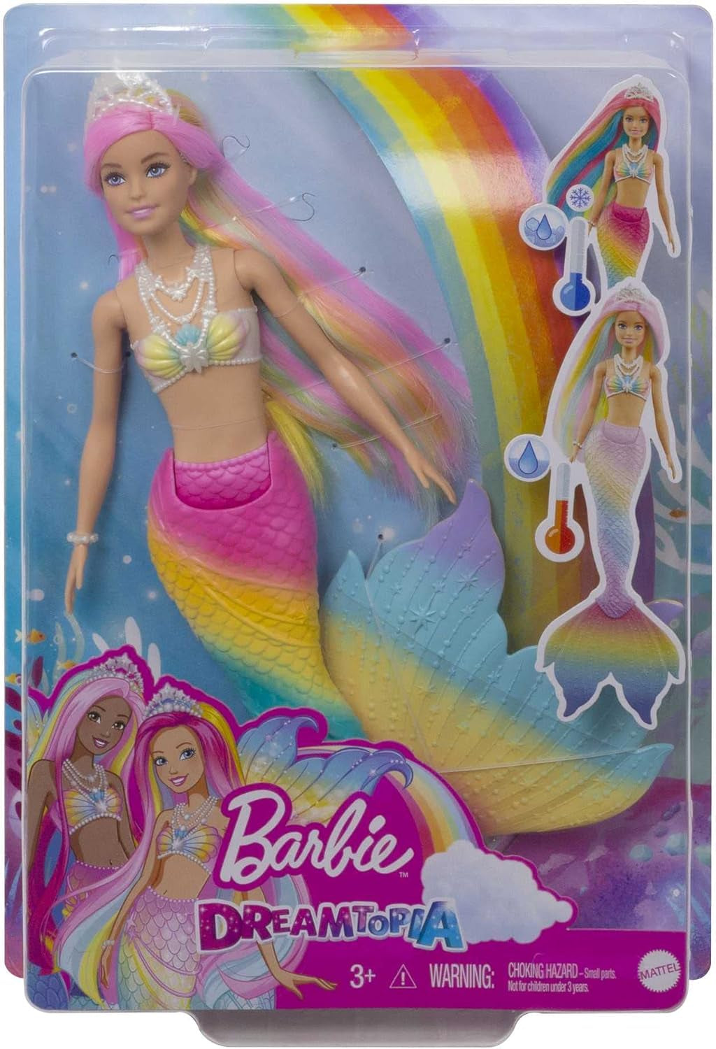 Barbie Dreamtopia Sirena Magică Curcubeu, Sirenă Barbie cu Păr Curcubeu, Păpușă care își Schimbă Culoarea, Activată de Apă, Jucărie pentru Vârste de 3 Ani și Peste, Cadou pentru Fete, GTF89