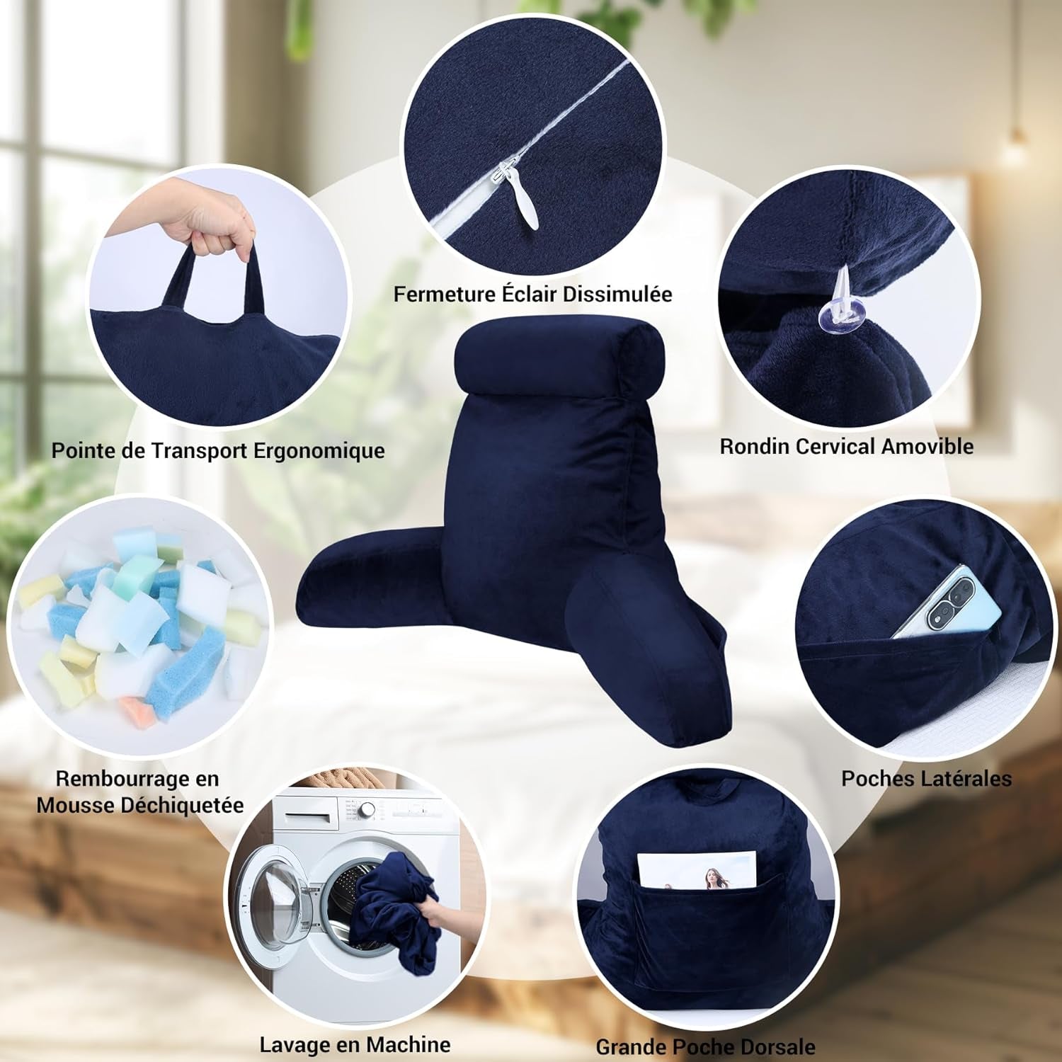Pernă de citit INFANZIA cu cotiere, spumă cu memorie, suport ergonomic pentru canapea și pat, albastru marin