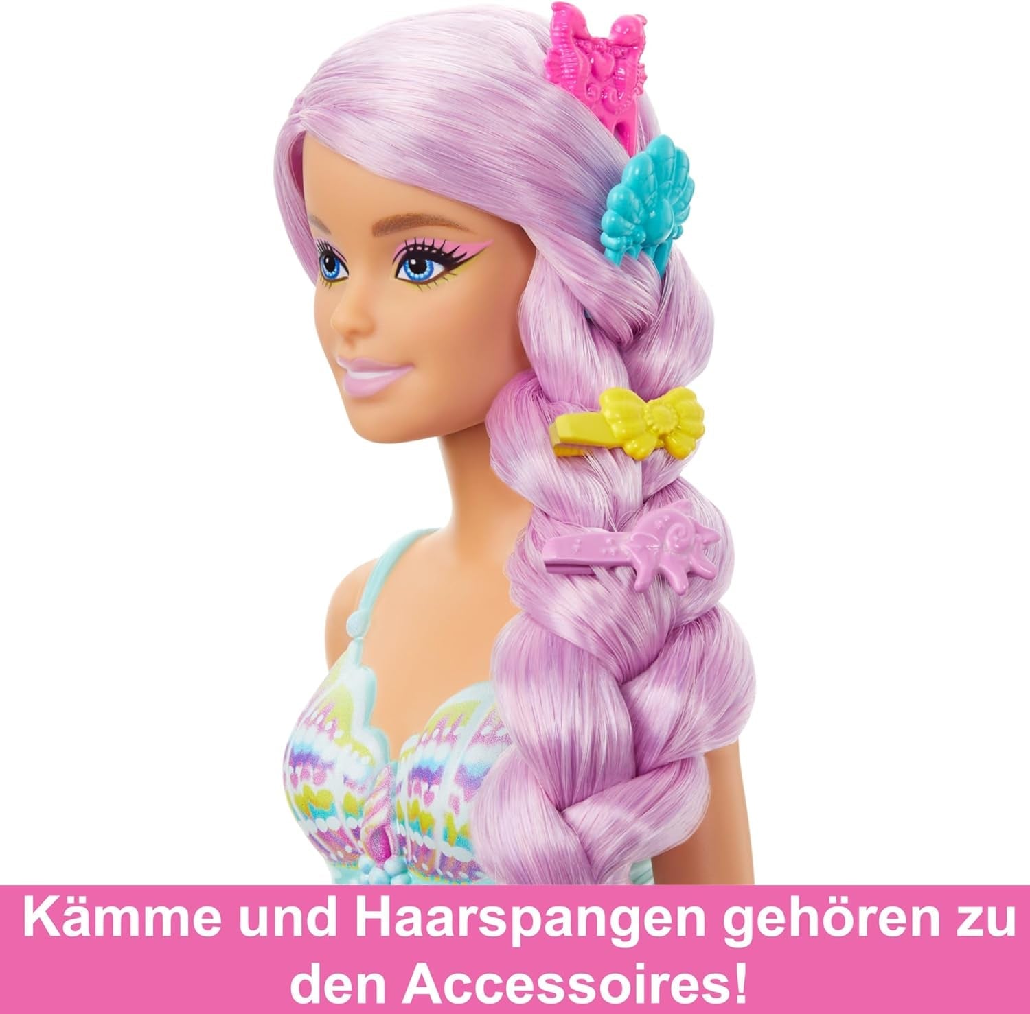 Păpușa Barbie Sirenă - cu păr lung roz și accesorii pentru coafare individuală, inclusiv perie, vârf frumos în formă de scoică și aripioară caudală roz, pentru copii cu vârsta de 3 ani și peste, HRR00