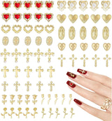 Talisane aurii pentru unghii, 80 de piese cu cruce, trandafir, inimă, pietre prețioase pentru unghii Fecioara Maria, accesorii pentru unghii din aliaj metalic pentru decorațiuni de design pentru manichiură, meșteșuguri DIY