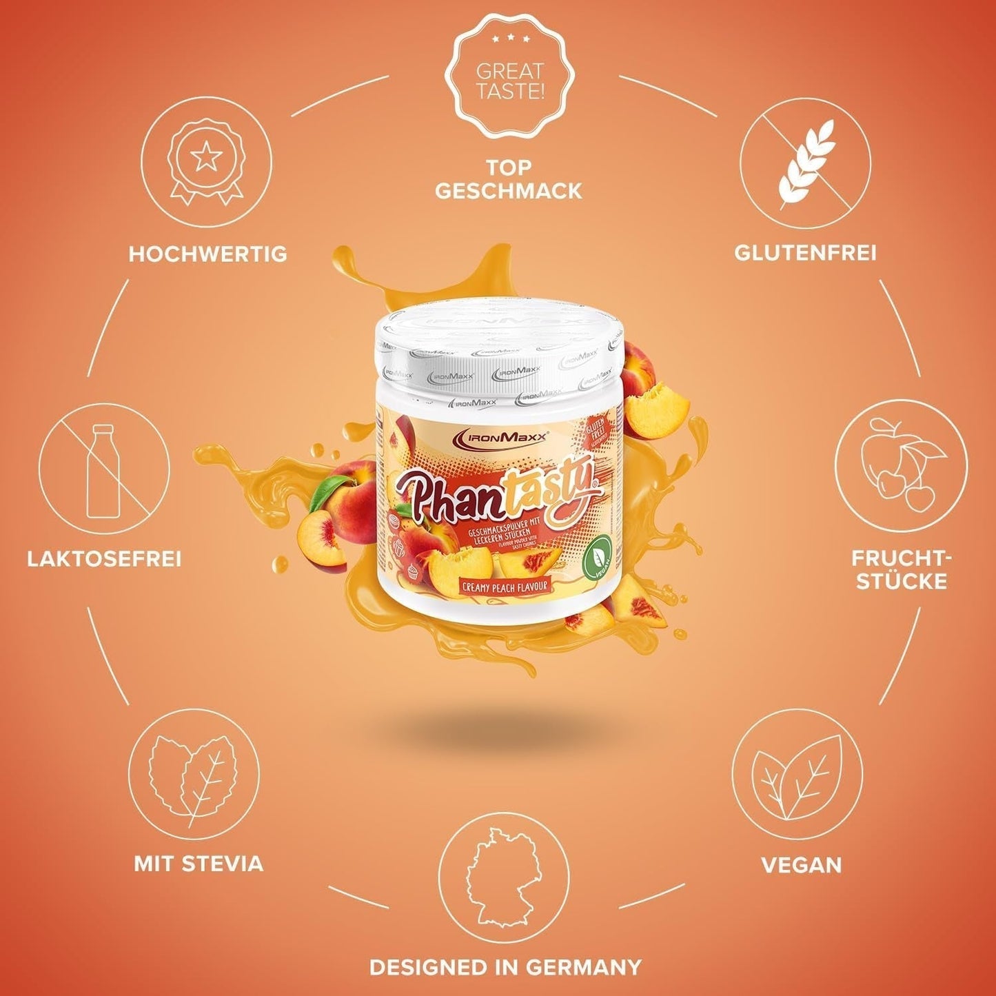 Ironmaxx Phantasty - Creamy Peach 250G Dose | Veganes Geschmackspulver Mit Echten Frucht- Oder Nussstückchen | Perfekter Zuckerersatz Indulcitori Naty Shop