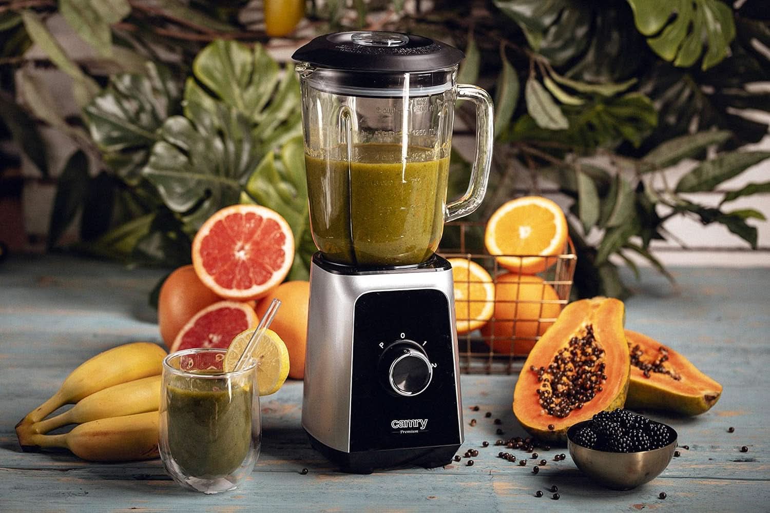 CR 4077 Standmixer Mit 1,5L Glasbehälter, Smoothie Maker, Hochleistungsmixer, Mahlung, Eis-Zerkleinerung, Pulsfunktion, Edelstahlklingen, 2 Geschwindigkeiten, 1000W, Schwarz/Silber Bucatarie Naty Shop