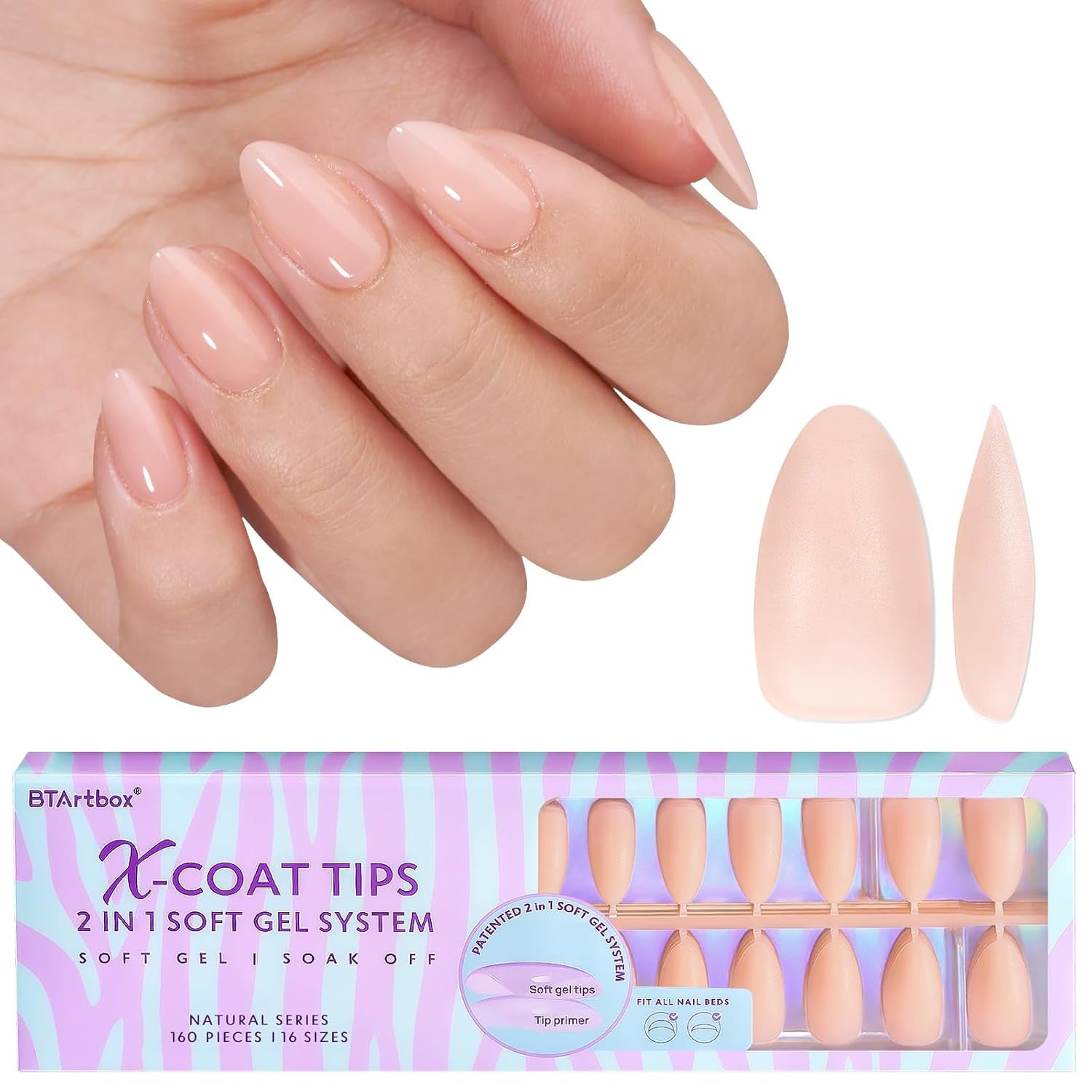 Btartbox Unghii Extra Scurte cu Gel Moale, Acoperire Completă, Tipuri de Unghii Scurte cu Formă de Migdale, 160 Bucăți, Unghii Artificiale XCOATTIPS PRE-PROIECTATE, Tipuri de Unghii Scurte cu Formă de Migdale pentru Extensii de Unghii