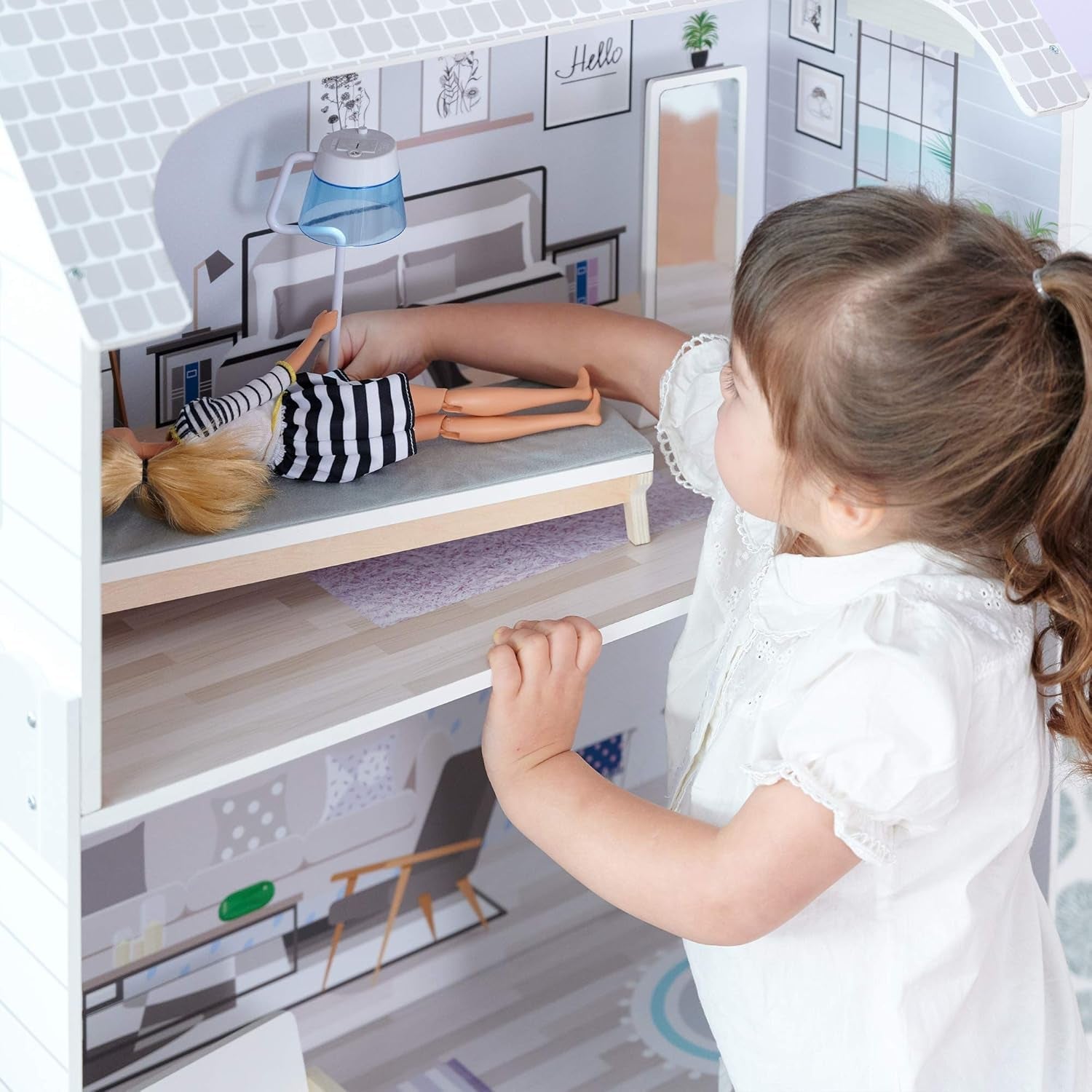 Teamson Kids Casa de păpuși gigantică Olivia's Little World cu mobilier și accesorii, casă de păpuși din lemn, joc cu 3 etaje pentru păpuși de 30 cm, vârste 3+