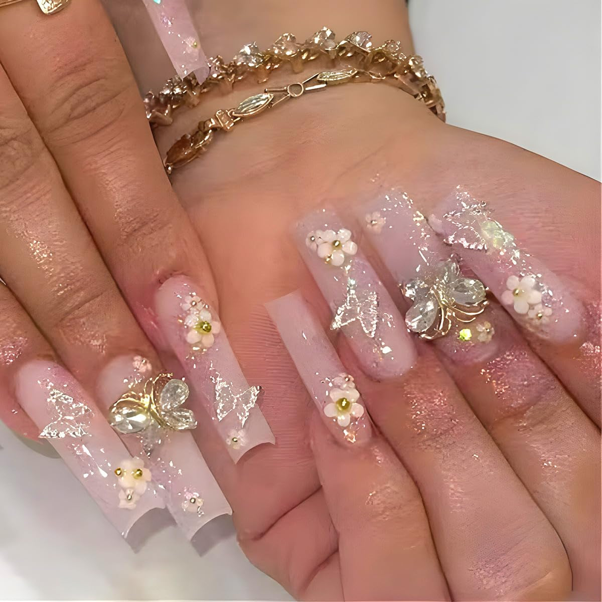 24 buc unghii lungi cu presă pe unghii sicriu unghii artificiale fluture floare unghii adezive alb maro set unghii acrilice sfaturi unghii femei primăvară vară accesorii unghii