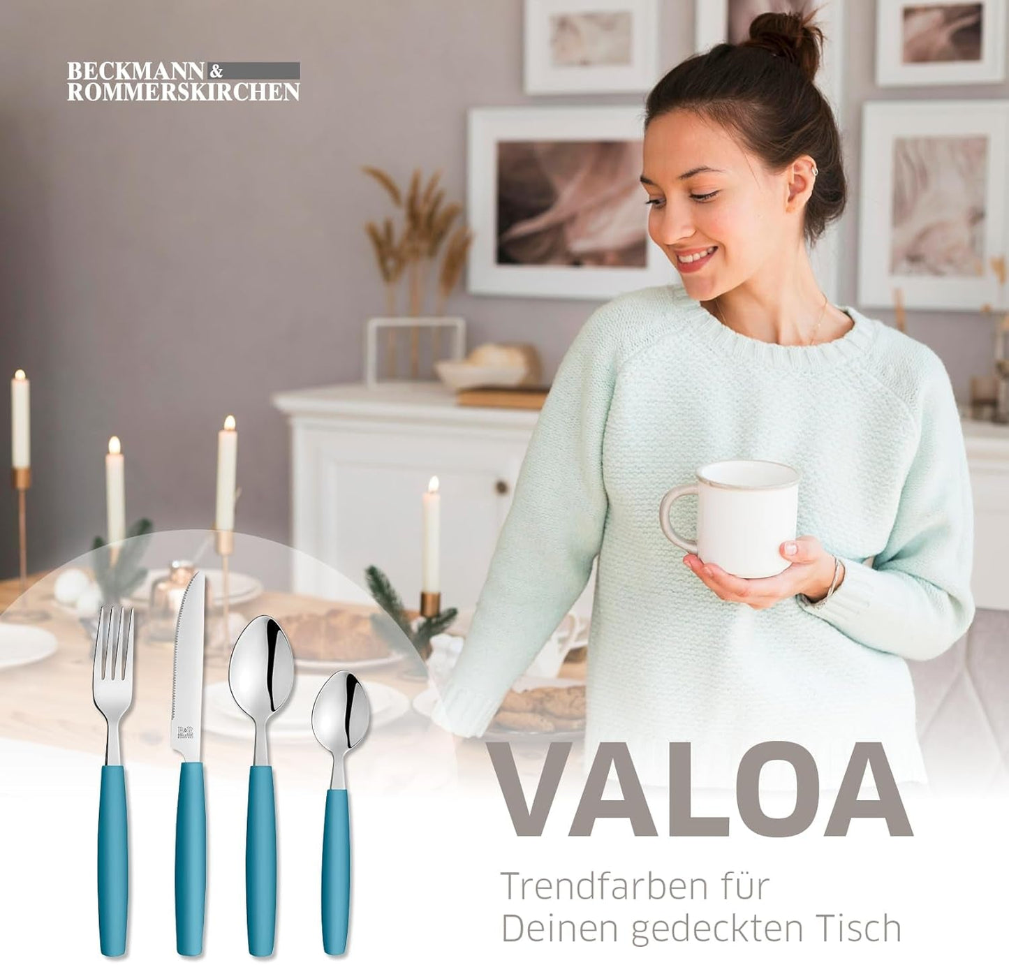 Beckmann & Rommerskirchen 2515 VALOA Besteck Set 4 Personen | 16-Teilig | Petrol | Spülmaschinenfest | Hochglanzpoliert | Essbesteck: 4X Messer, Gabel, Esslöffel, Kaffeelöffel Bucatarie Naty Shop
