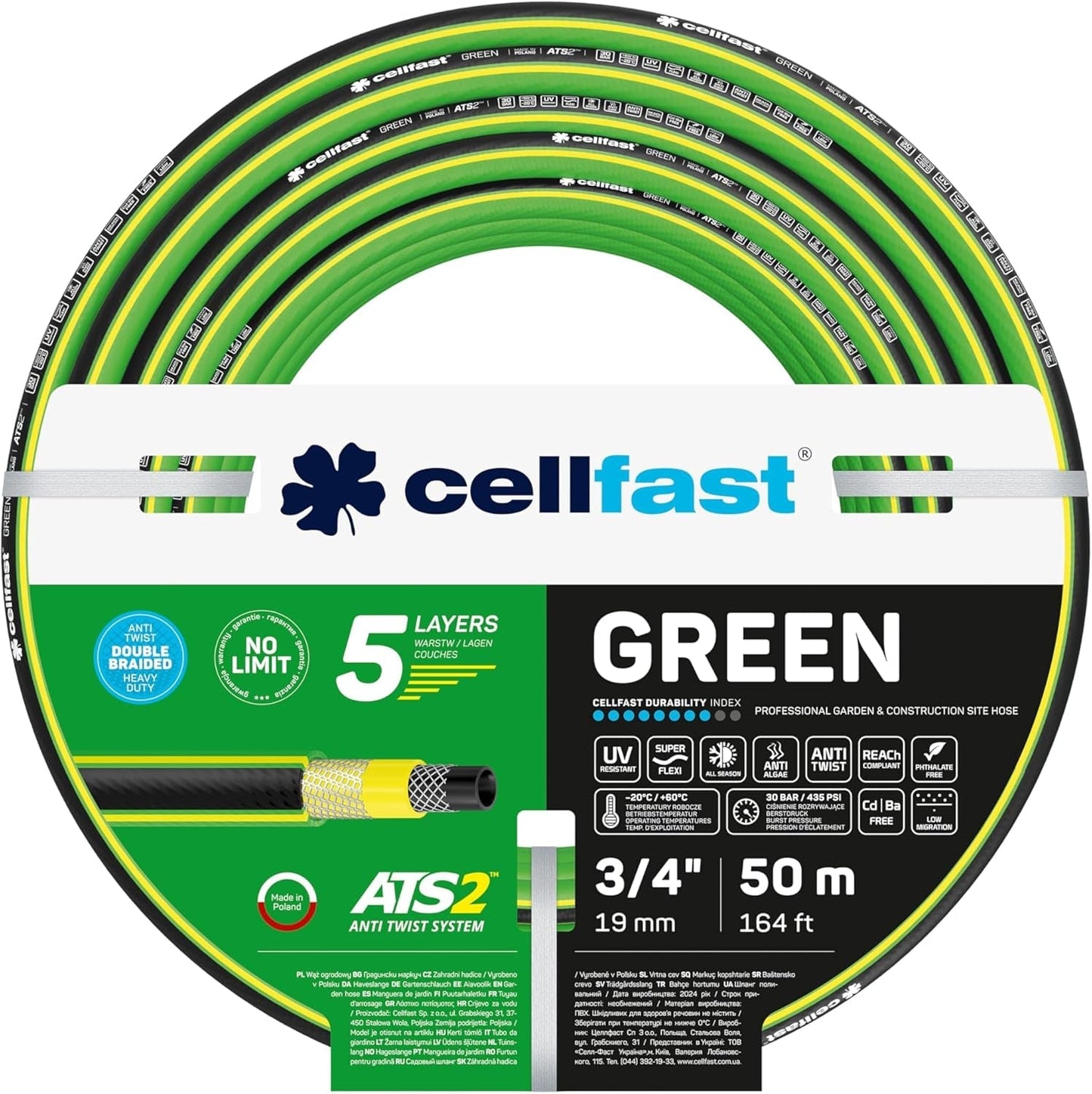 Furtun de grădină CELLFAST, furtun de apă cu 5 straturi, material textil dublu împletit cu bordură transversală, furtun de irigații, rezistent la UV, anti-alge, flexibil, 30 bar, 3,4 inci, 50 metri, verde