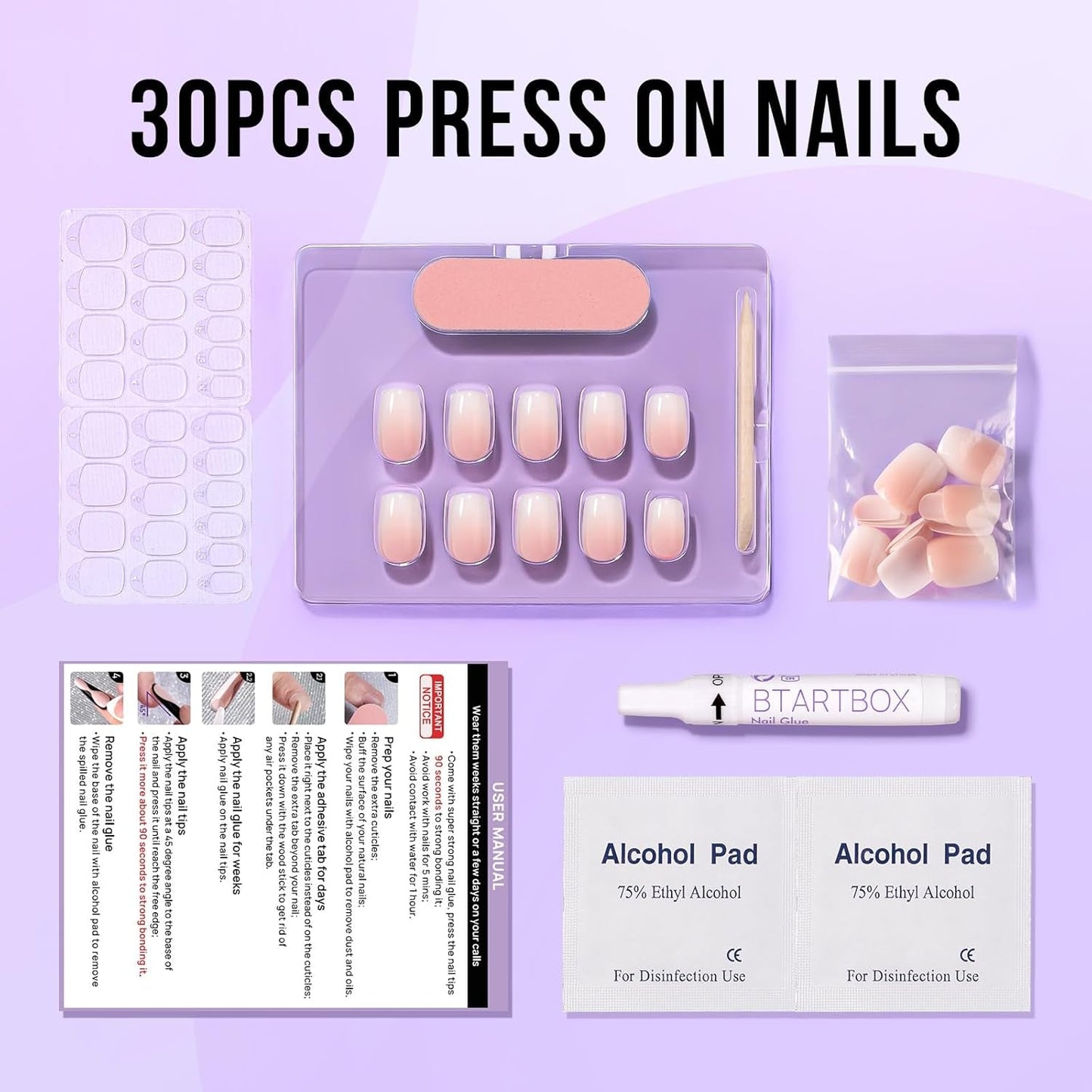 Btartbox Unghii False Scurte și Pătrate, Model Baby Boomer, pentru Lipire, Unghii False Albe, Roz Gradient, Unghii Artificiale Scurte cu Lipici de Unghii, 30 Bucăți Unghii False Artificiale Pătrate