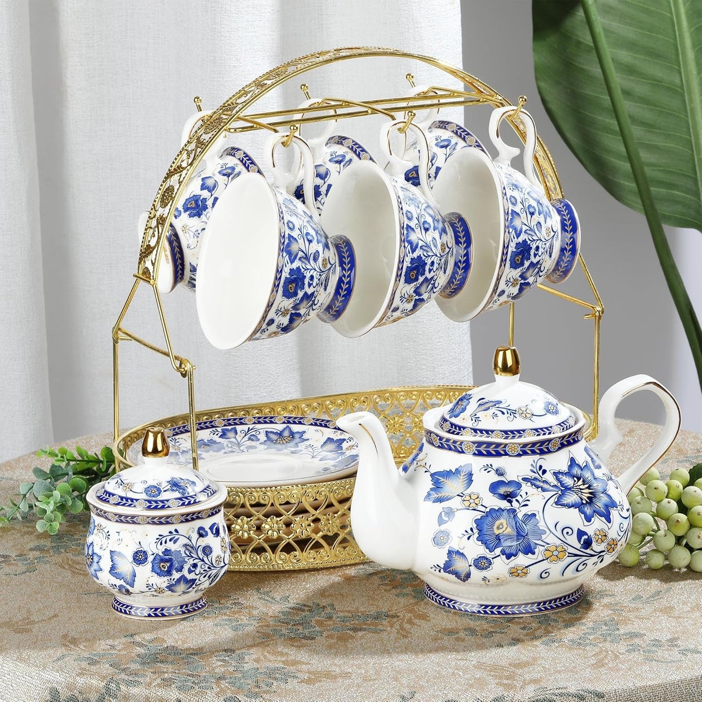 Set de ceai din porțelan cu flori albastre fanquare și suport metalic, ceașcă de cafea și farfurie vintage din porțelan, set de cafea englezesc pentru adulți