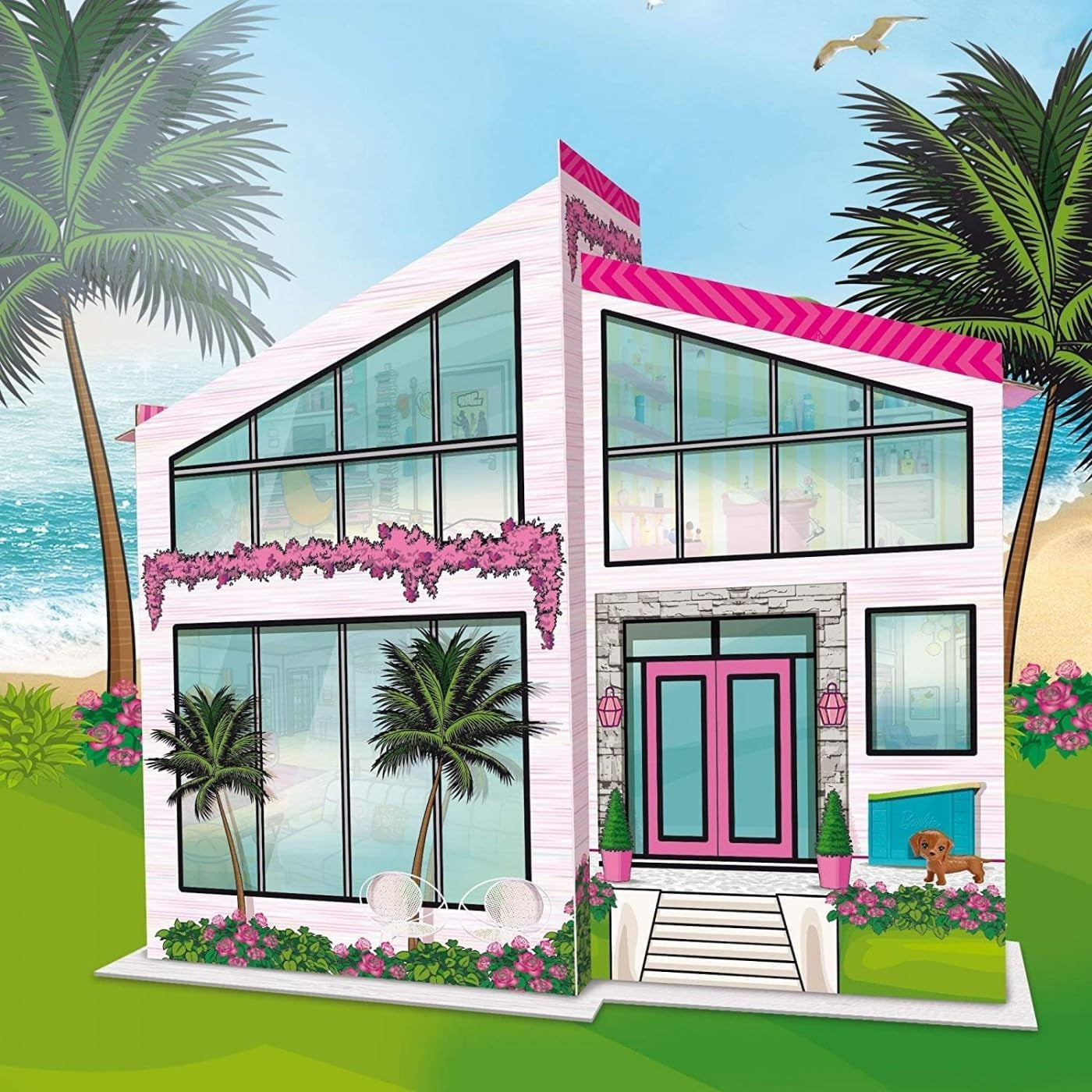 Lisciani - Casă de păpuși - Vilă de vacanță Barbie cu păpușă - Jocuri de fantezie - Casă din carton pentru asamblare și decorare - Timp liber creativ - Pentru fete cu vârsta de 4 ani și peste