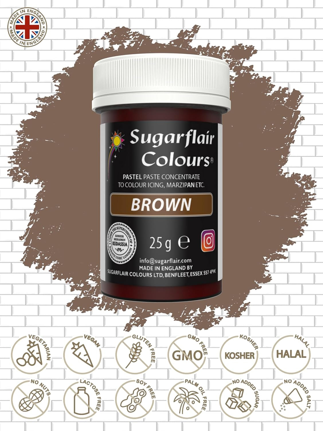 Pastă de colorant alimentar Sugarflair maro, colorant alimentar pastelat foarte concentrat pentru cremă de unt, pastă de zahăr, glazură regală, decorațiuni pentru torturi și multe altele! Colorant alimentar vibrant! - 25 g