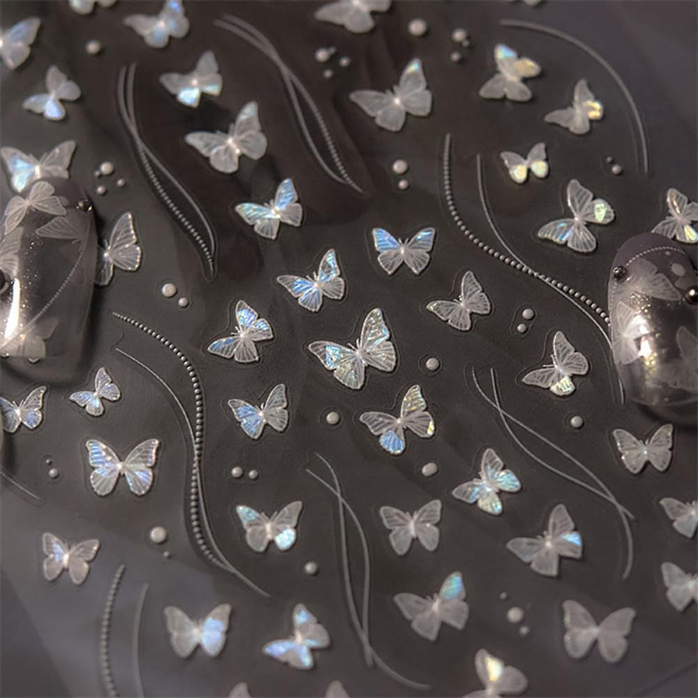 2 Blätter Schmetterling Nagelsticker Selbstklebend,Muschel Glitzer Nail Art Butterfly Nail Sticker Lila Grau Schmetterlinge Nagelaufkleber Relief Laser Butterflies Nagel Sticker Nageldesign Zubehör