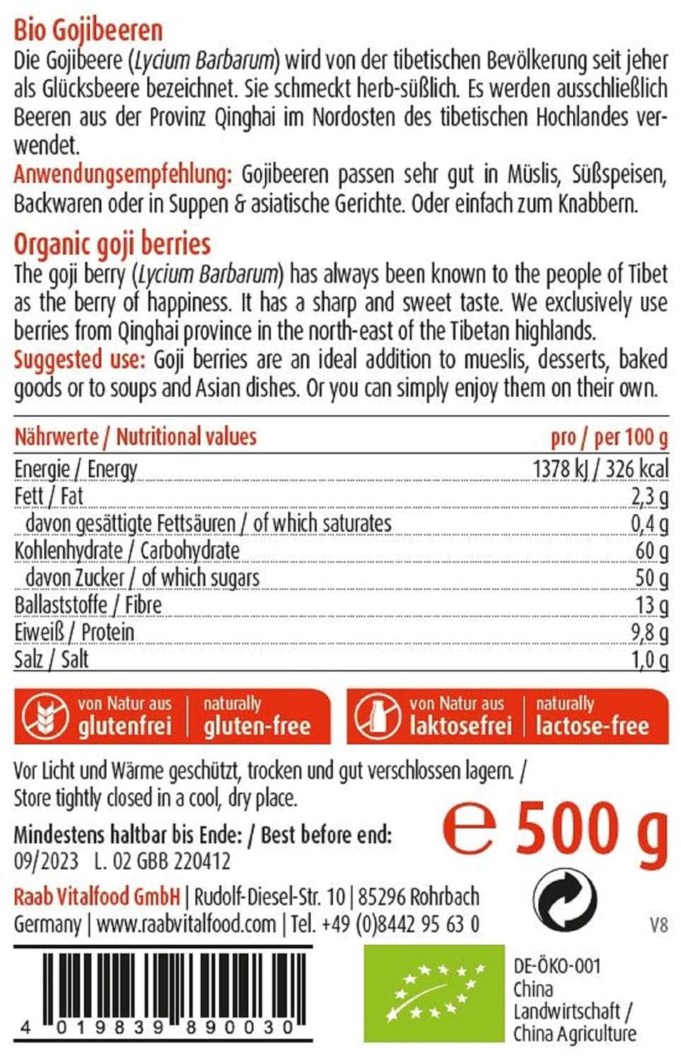 Raab Vitalfood Organic Goji Berries, calitate premium, 500 grame Produse deshidratate Naty Shop