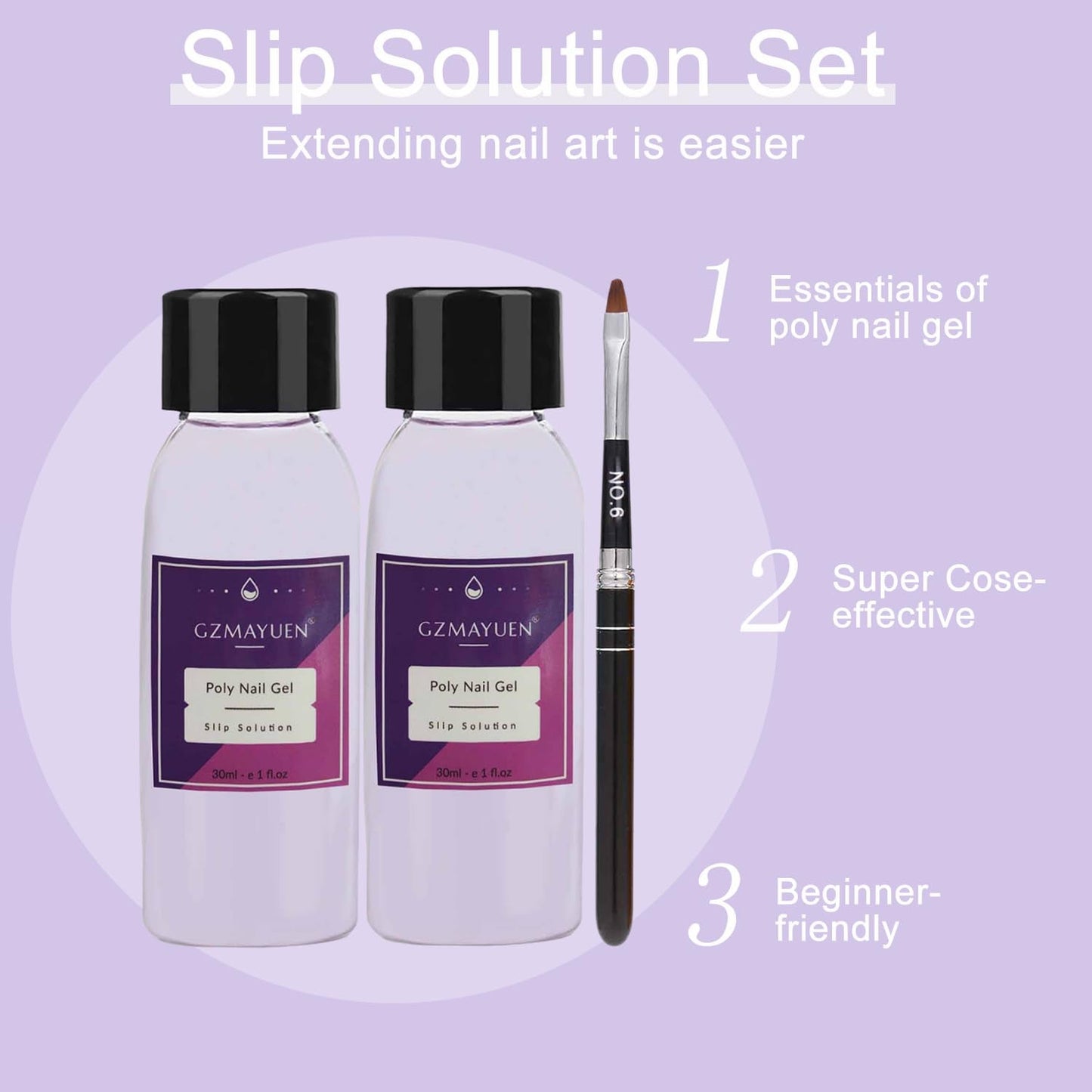 GZMAYUEN Soluție alunecătoare pentru unghii Poly Nail 30 ml * 2 Gel alunecător pentru extensii de unghii Poly Extension Gel Lichid - Soluție alunecătoare ușoară DIY cu pensulă