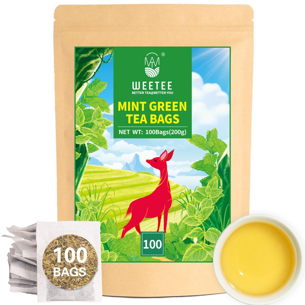 WEETEE Pliculețe de ceai verde, 100 bucăți Pliculețe de ceai verde, ceai verde pur, super antioxidant | Pliculețe resigilabile | Preparare fierbinte sau rece