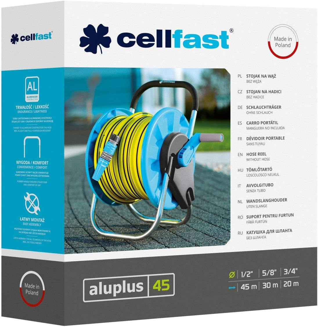 Rolă de furtun CELLFAST, înfășurare furtun de grădină rezistentă la coroziune, previne îndoirea furtunului, 1/2" 45 m Aluplus