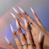 Mouyouglow Unghii lungi, Stiletto, alb lăptos, gradient roz, sclipici, cool, unghii false cu lipici, unghii artificiale roz Ombre sclipici