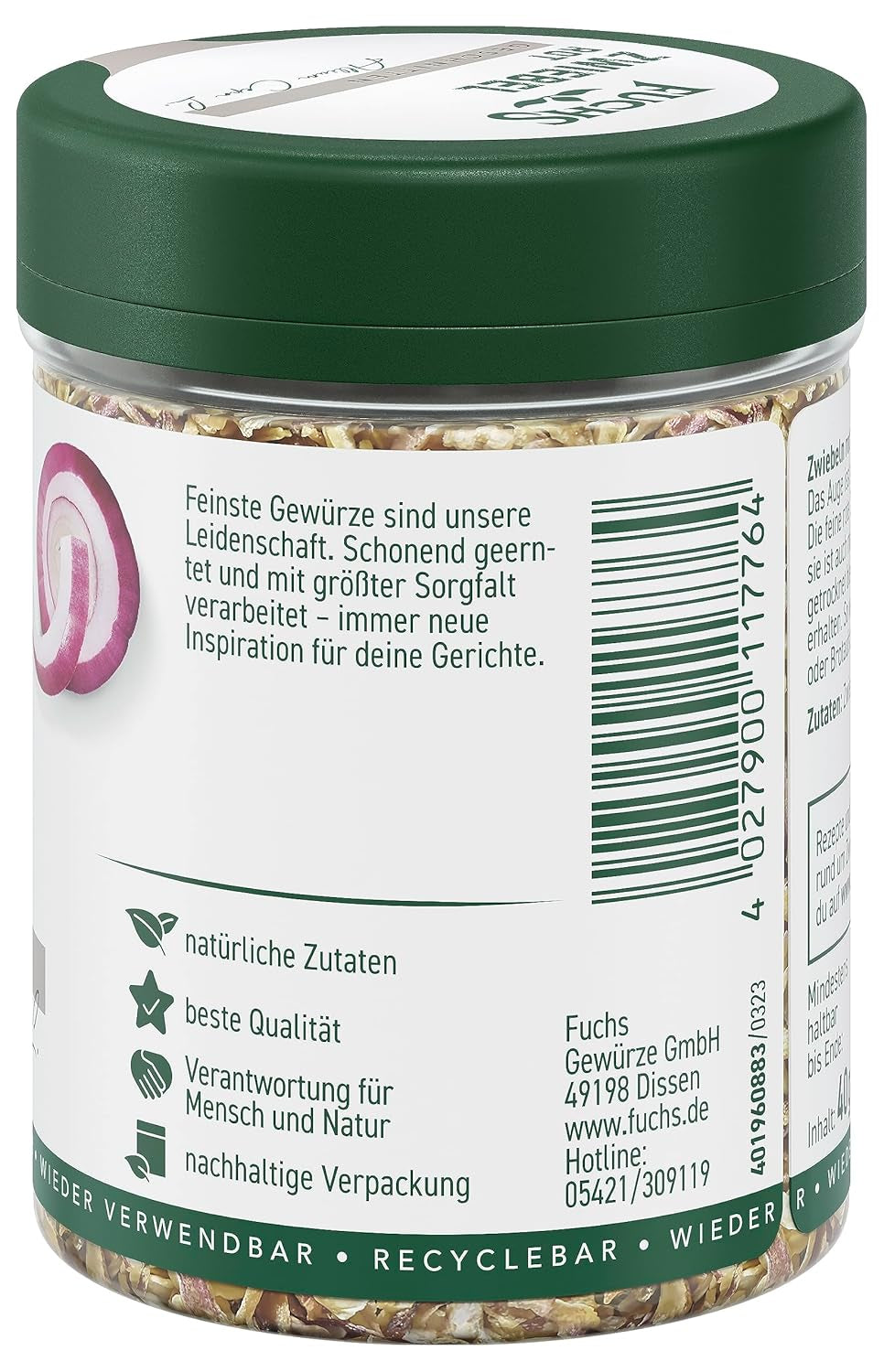 Fuchs Gewürze - Zwiebel rot geschnitten - Gewürz für Pürees, Salate oder Brotaufstriche - natürliche Zutaten - 40 g in wiederverwendbarer, recyclebarer Dose
