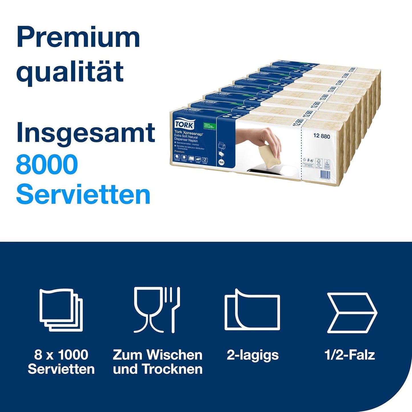 Șervețel dispenser Tork Xpressnap Extra Soft Nature N4, Premium, 1/2 ori 2 straturi, 21,3 cm X 16,5 cm, 8 × 1.000 șervețele, 12880