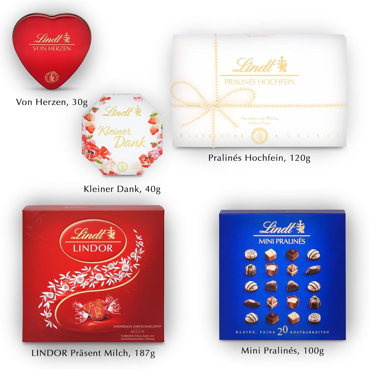 Set cadou praline Lindt cu ciocolată | 477g | 5 cutii de praline Lindt în variantele: Exquisite, Mini Praline, Cadou LINDOR, Mulțumire mică, Din inimă | Cadou praline | Cadou ciocolată