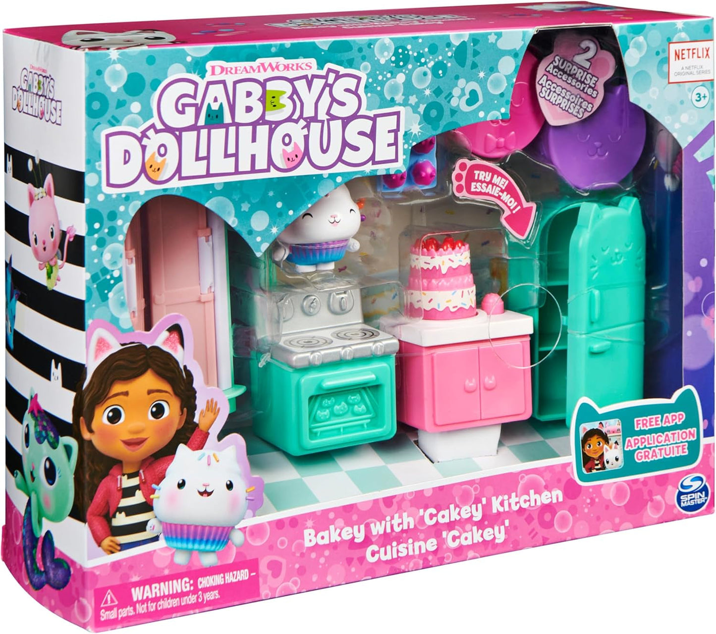 CASA DE PĂPȘI DREAMWORKS A LUI GABBY - Cameră Deluxe, Cofetărie cu Cakey, Bucătărie cu Kuchi (Română: Cakey), 3 piese de mobilier și 2 cutii surpriză cu accesorii, potrivită pentru copii cu vârsta de 3 ani și peste