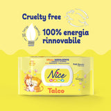 Șervețele umede NICE pentru bebeluși, 72 bucăți, cu capac, parfum de talc, materiale naturale, curățare delicată, bebeluși, 1 buc.
