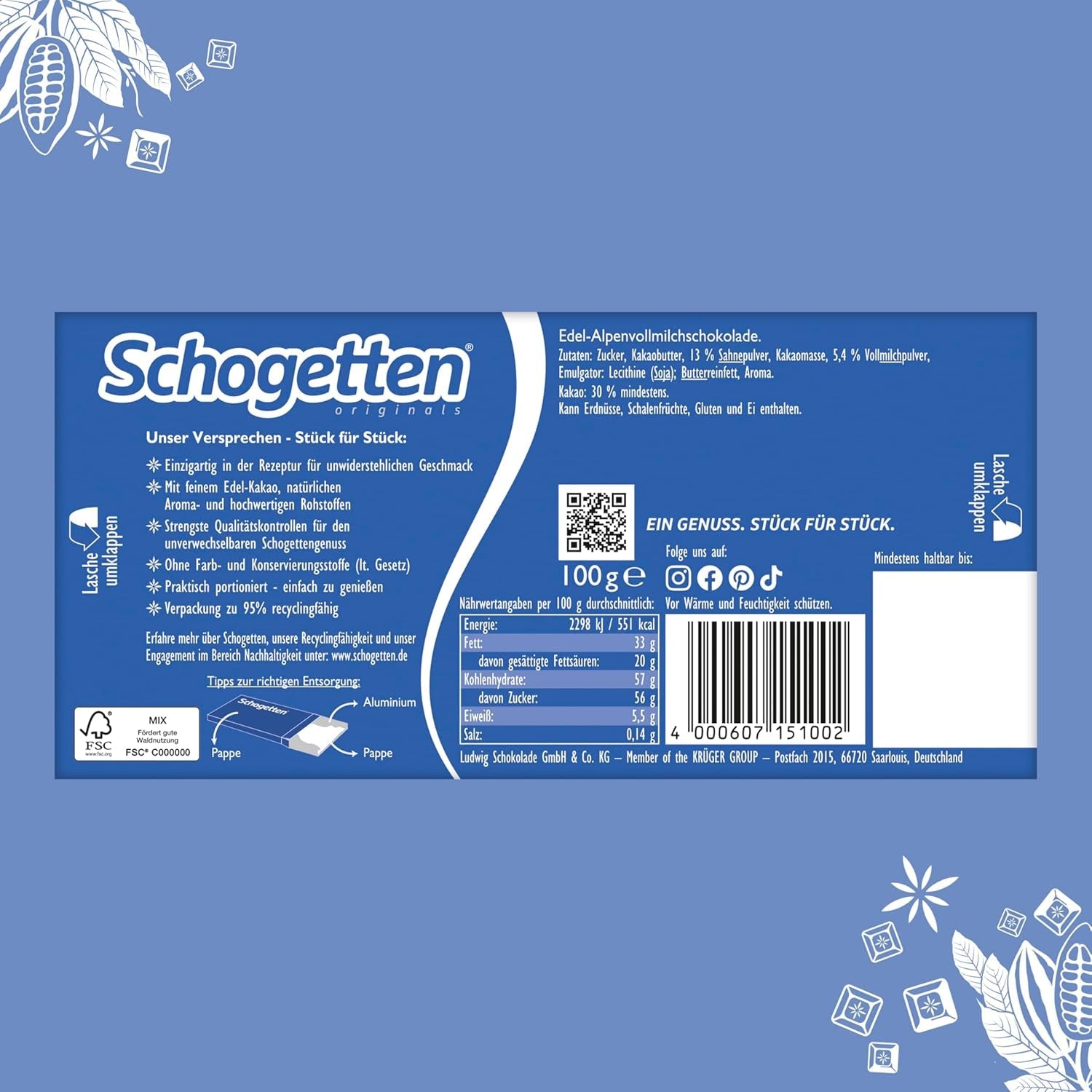 Baton de ciocolată cu lapte Schogetten Premium Alpine, 100g, porționat individual. O încântare. Bucată cu bucată.