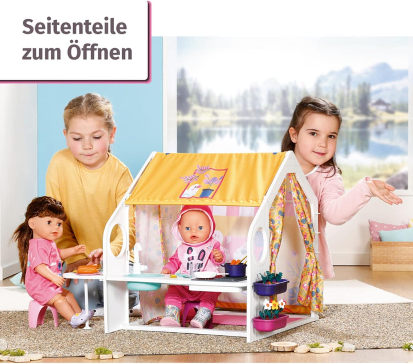 Casă de păpuși BABY born, Căsuță de weekend cu funcție de lumină și sunet, panouri laterale care se deschid, chiuvetă, grătar și multe accesorii, 832752, Zapf Creation