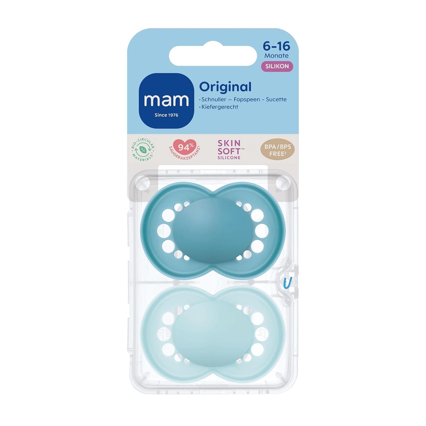 Suzete MAM Original, pachet de 2, suzete pentru bebeluși prietenoase cu dinții, fabricate din materiale sustenabile și bioregenerabile, tetine din silicon MAM SkinSoft, cu cutie pentru suzetă, 6-16 luni, albastru/albastru deschis