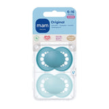 Suzete MAM Original, pachet de 2, suzete pentru bebeluși prietenoase cu dinții, fabricate din materiale sustenabile și bioregenerabile, tetine din silicon MAM SkinSoft, cu cutie pentru suzetă, 6-16 luni, albastru/albastru deschis