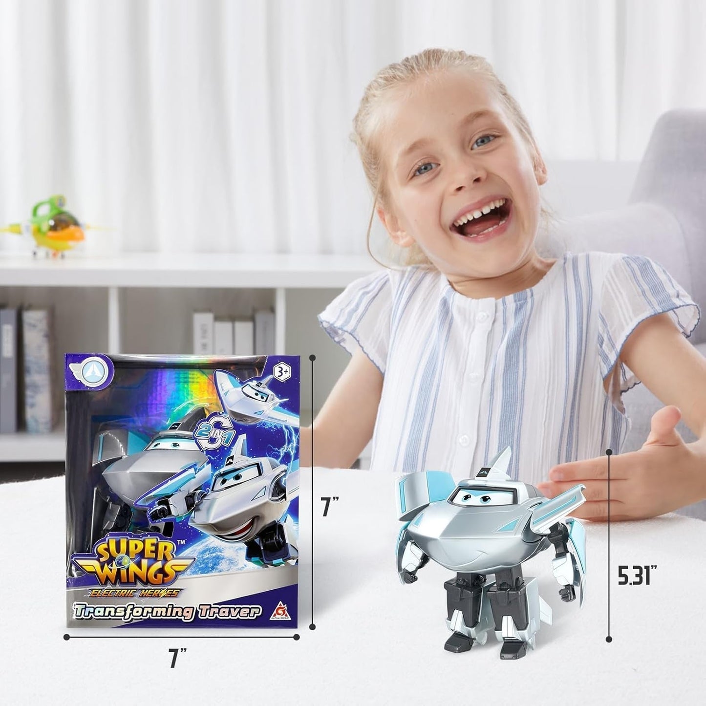 Super Wings Transformation Plane Supercharged Traver, Aprox. 12.7 Cm Figură mare de joacă pentru copii, avion de jucărie și figură de robot pentru băieți și fete de peste 3 ani, argintiu Action figures Naty Shop