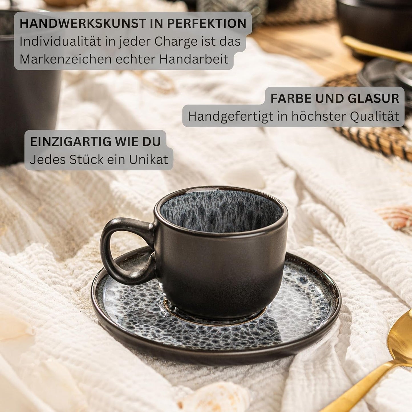 SÄNGER Sydney | Set de 12 căni de espresso din gresie, set de căni Mocha pentru 6 persoane, căni și farfurioare, potrivit pentru mașina de spălat vase și cuptorul cu microunde, gri închis, 80 ml | COLECȚIA VALUE