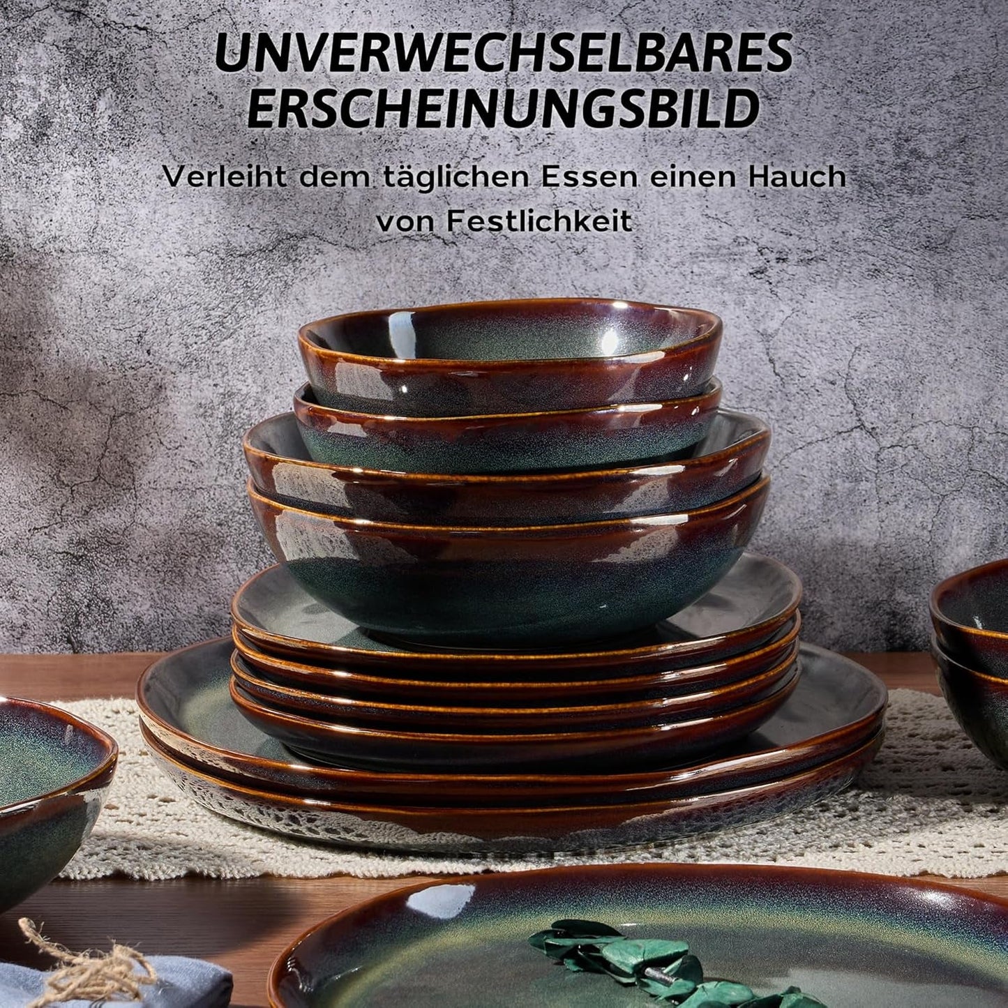 Set de veselă pentru 6 persoane, set de servire din gresie ceramică cu 24 de piese, set de veselă rotund neregulat cu farfurii, farfurii de desert, boluri pentru cereale, potrivit pentru cuptorul cu microunde și mașina de spălat vase, verde tundra reactiv