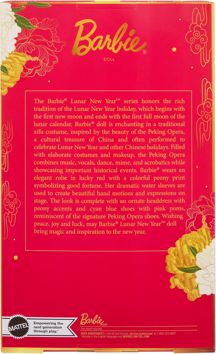 BARBIE Lunar New Year Barbie Puppe - Traditionelles Kleid in glücksbringendem Rot mit Pfingstrosenmuster, cyanblaue Schuhe mit pinken Troddeln, inspiriert von der Peking-Oper, HRM57