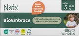 Scutece pentru bebeluși Naty BioEmbrace, mărimea 5 (11–25 kg) | 100% materiale pe bază de plante, delicate cu pielea | Moliciune respirabilă, testate dermatologic, absorbție excelentă | 80 buc.