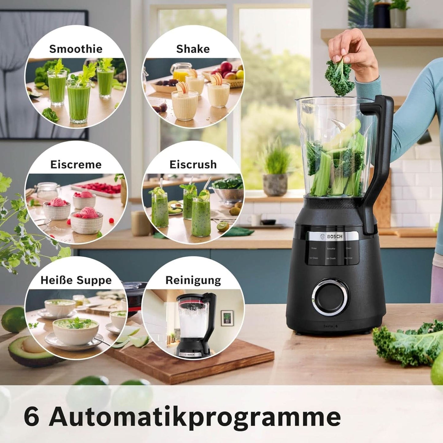 Highspeed-Standmixer Vitapower Serie 6 MMBD665B1, 45.000 U/Min, 6 Programme Inkl Heiße Suppe & Reinigung, 2 L Mixbehälter, Stopfer, Spülmaschinenfeste Teile, Made in Europe, 1800W, Schwarz Bucatarie Naty Shop