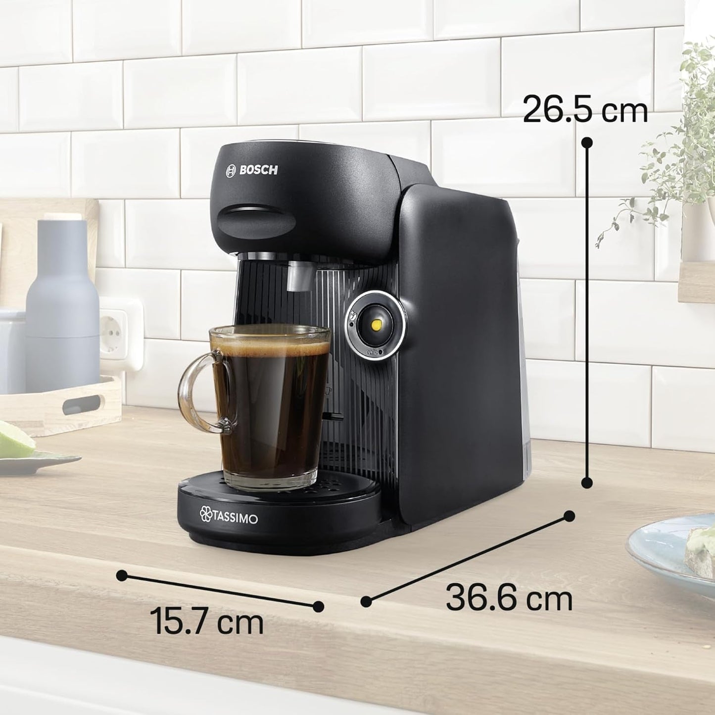Espressor cu capsule Bosch Tassimo finesse TAS162E, 70 de băuturi, cafea mai intensă prin simpla apăsare a unui buton, oprire automată, sustenabil, dozare perfectă, 1400 W, negru/negru