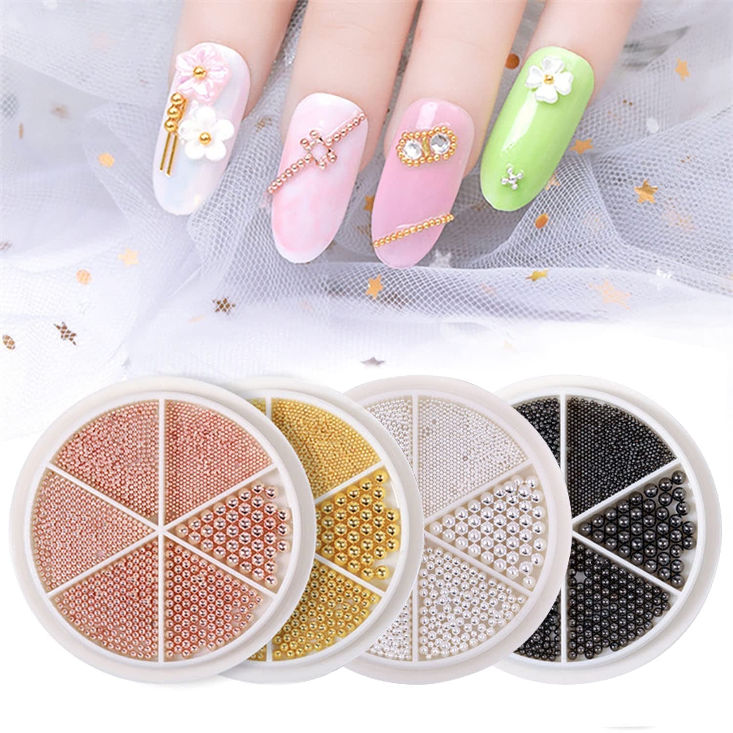 GZMAYUEN Nailart Perlen Micro Kaviar Für Nägel, 0.3-3Mm Goldene Silber Mini Kaviar Strasssteine, Weiß Beige Mini Nägel Perlen Mikroperlen Dekor Für Nägel