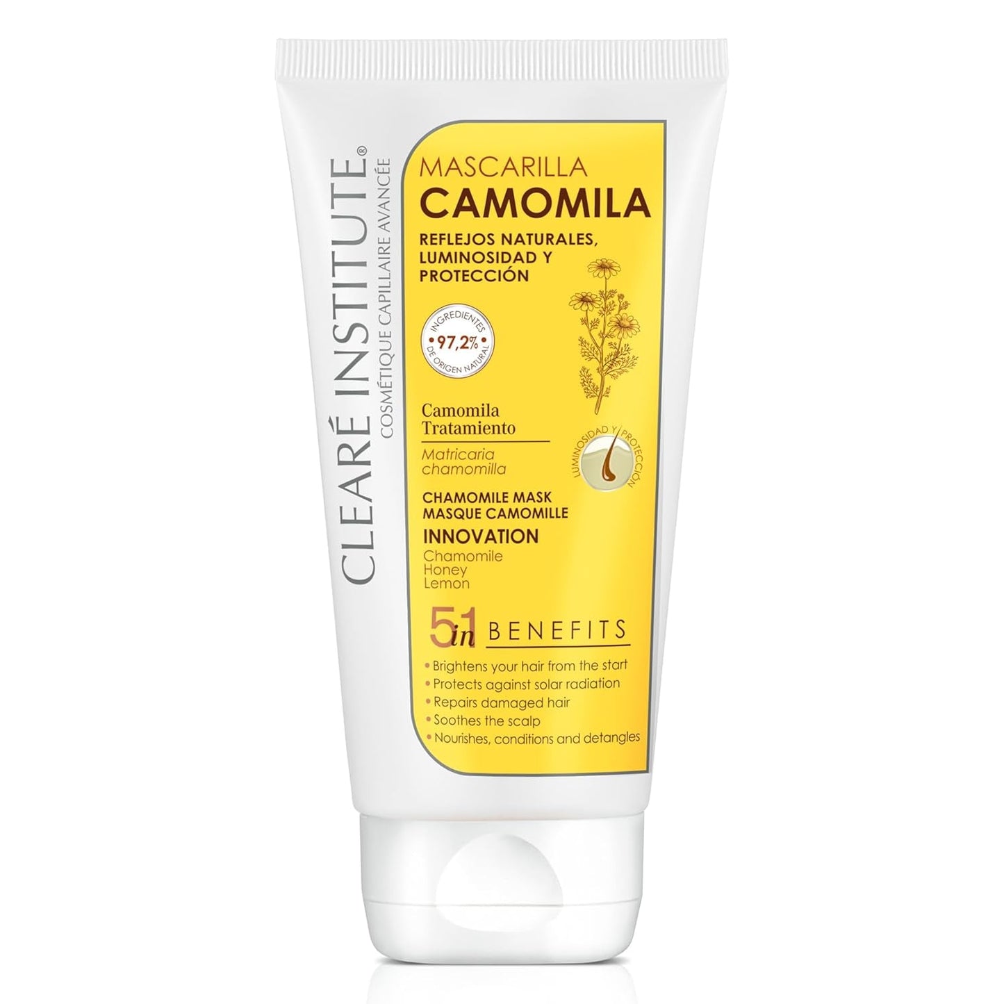Clearé Institute | Mască cu mușețel | Hrănește, condiționează și descurcă | Strălucire și strălucire aurie | 97% ingrediente naturale | Calmează scalpul | Cu extract de mușețel |150 ml Masca de par Naty Shop Titlu implicit