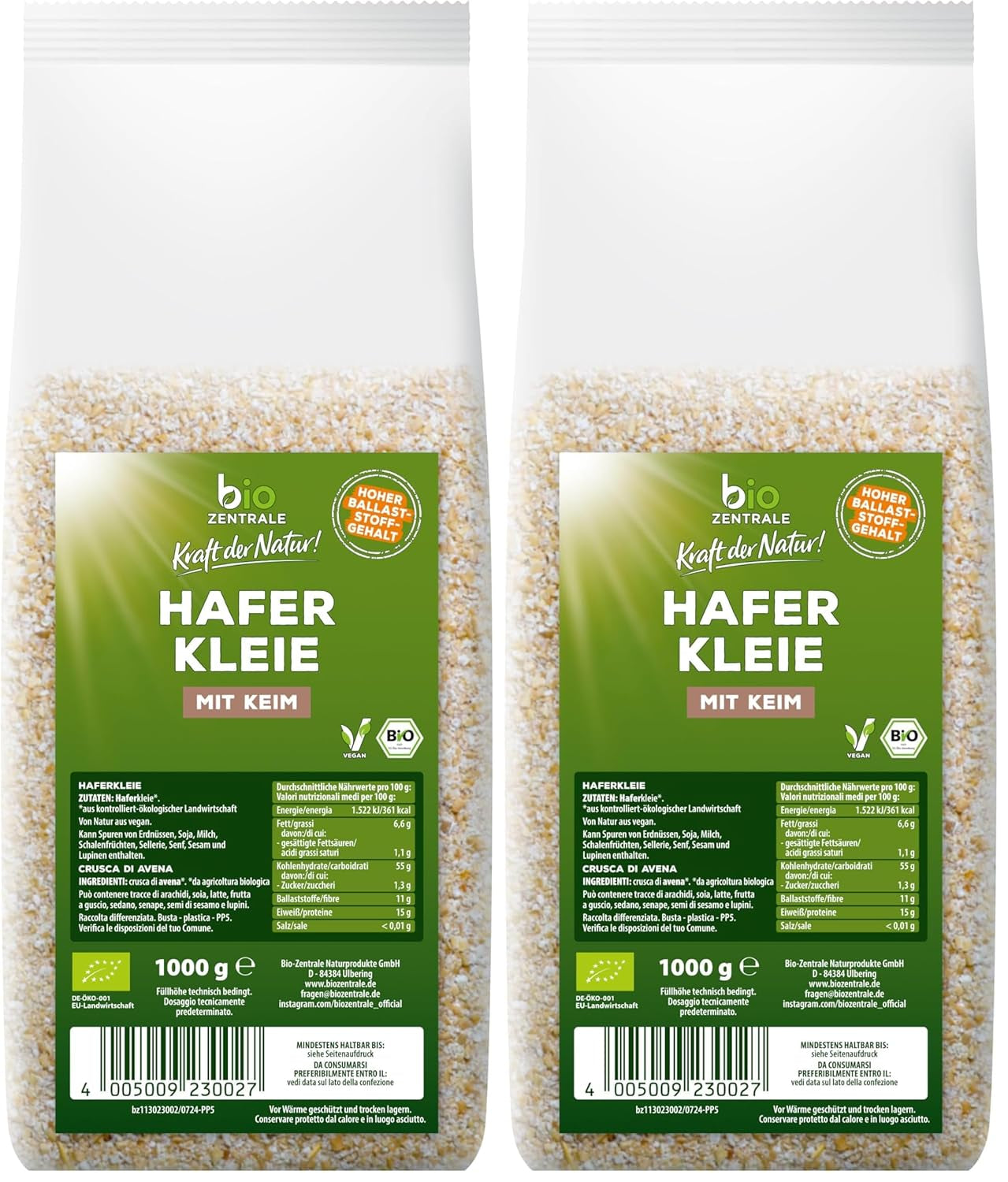 Tărâțe de ovăz organice biozentrale 1 kg | Pachet avantajos | Sursă de proteine bogată în fibre | Natural vegan | Din agricultura UE | Conținut scăzut de zahăr
