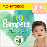 Scutece Pampers pentru bebeluși, mărimea 2 (4-8 kg), Harmony, cutie pentru jumătate de lună, protecție delicată a pielii și ingrediente pe bază de plante, 240 bucăți