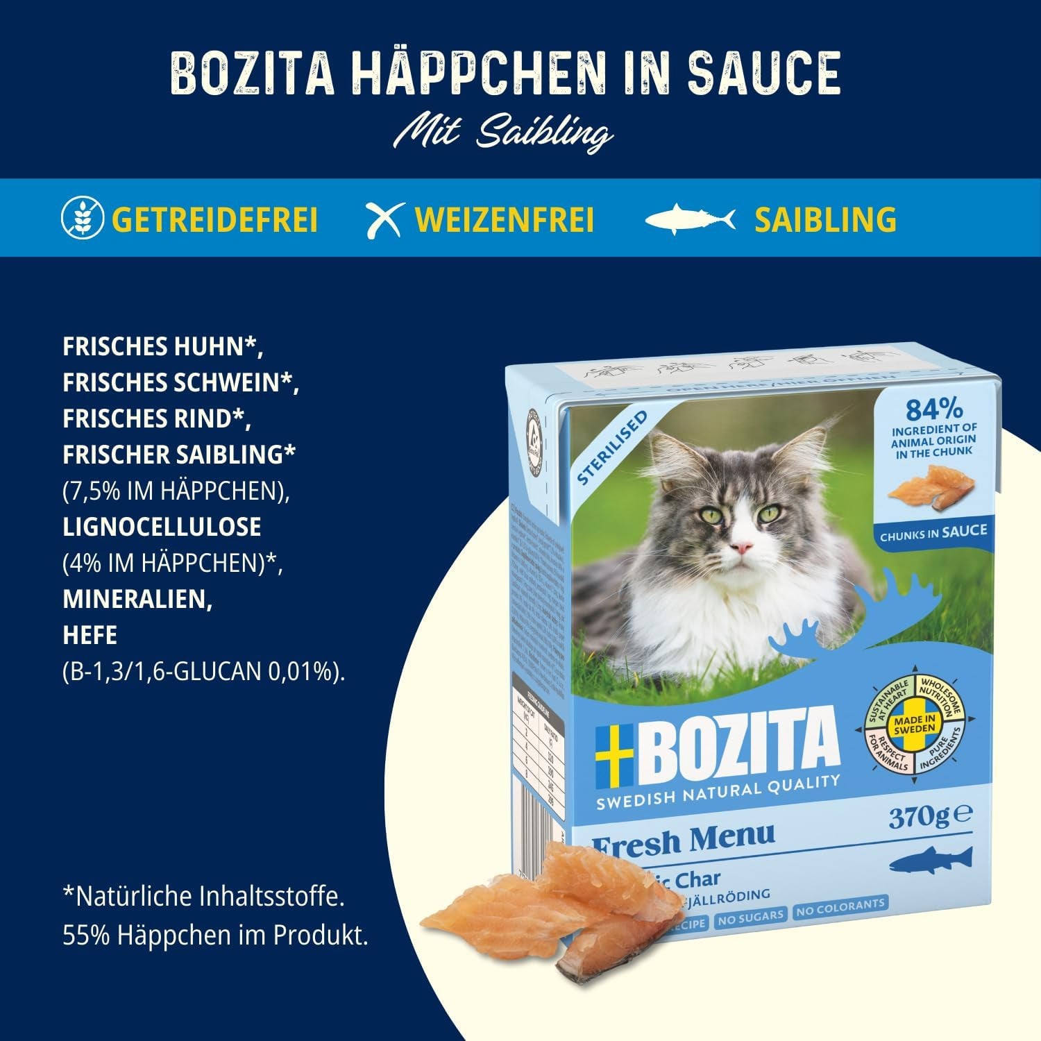 Bozita Tetra Bucăți sterilizate în sos cu cărbune – 6 x 370g Hrană umedă fără cereale și fără zahăr pentru pisici – non-OMG, cu 8,5% proteine și 4,5% grăsimi – de înaltă calitate și deosebit de gustoasă