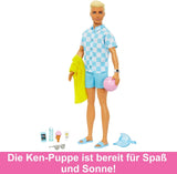 Barbie Ken - Păpușă blondă cu cămașă albastră și șorț de baie, accesorii de plajă și minge de plajă pentru joacă creativă, pentru copii cu vârsta de 3 ani și peste, HPL74