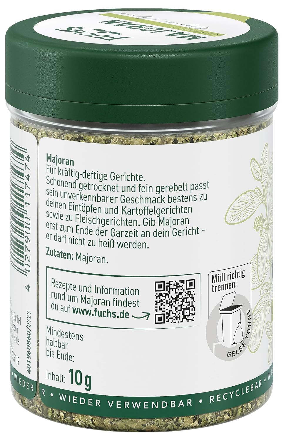 Fuchs Gewürze - Majoran gerebelt - zum Würzen von Kartoffelgerichten, Fleischgerichten oder Eintöpfen - natürliche Zutaten - 10 g in wiederverwendbarer, recyclebarer Dose