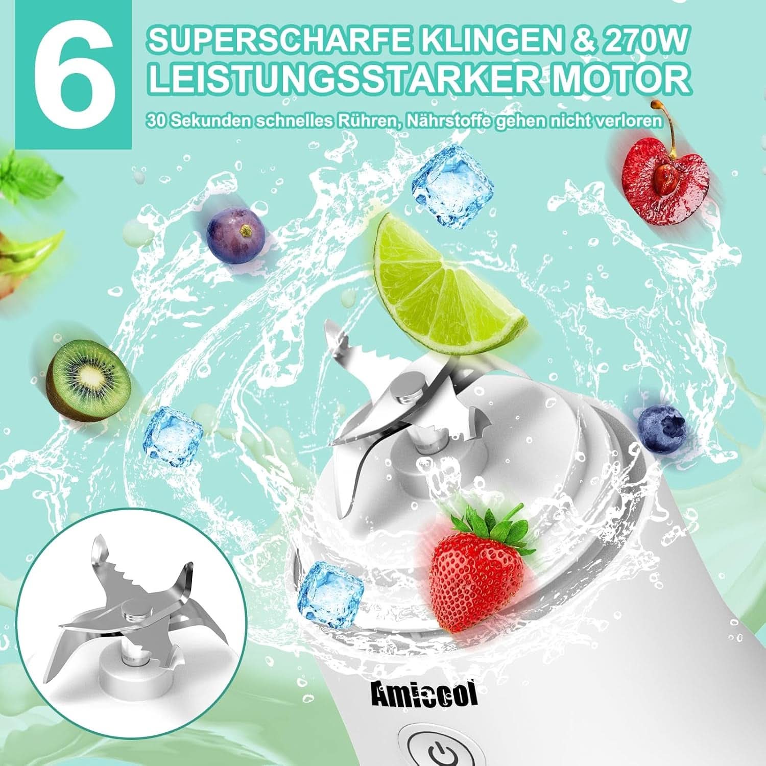 Mixer Smoothie Maker to Go, Mini Standmixer Tragbar Mit 6-Klingen Edelstahl, Enstafter Mit Reisedeckel, USB Portable Blender Elektrisch 600Ml Bottle, Mixer Shaker Slushy Maker Wasserdichter Bucatarie Naty Shop