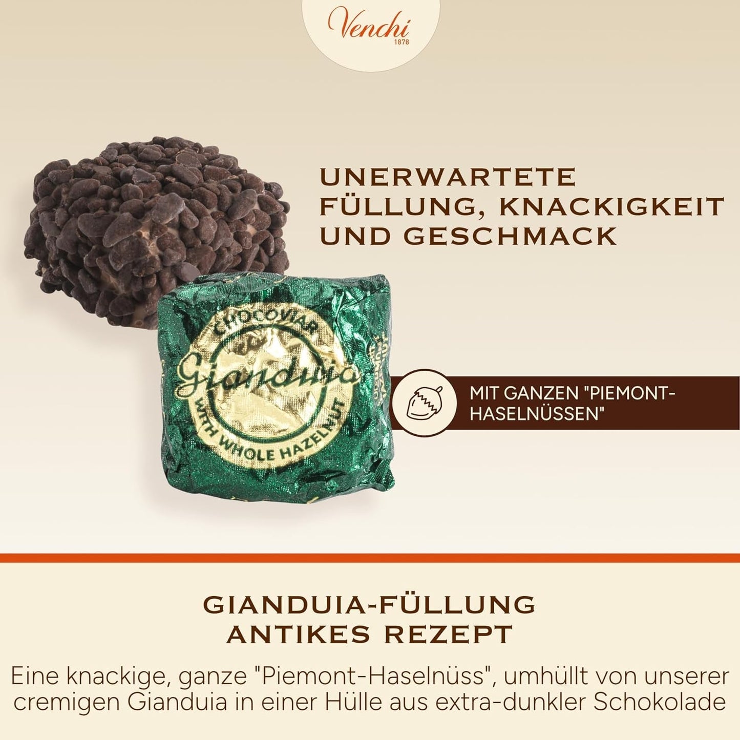 Venchi – Chocoviar Gianduia, praline la pungă de 1 kg, ciocolată Gianduia produsă exclusiv cu „alune de pădure Piemont”, fără gluten, fără coloranți artificiali și fără conservanți