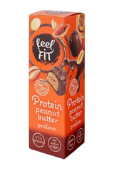 Praline proteice cu unt de arahide Feel FIT în ciocolată cu lapte de înaltă calitate, fără zahăr adăugat, 17% proteine, fără gluten 66 g (1 pachet)