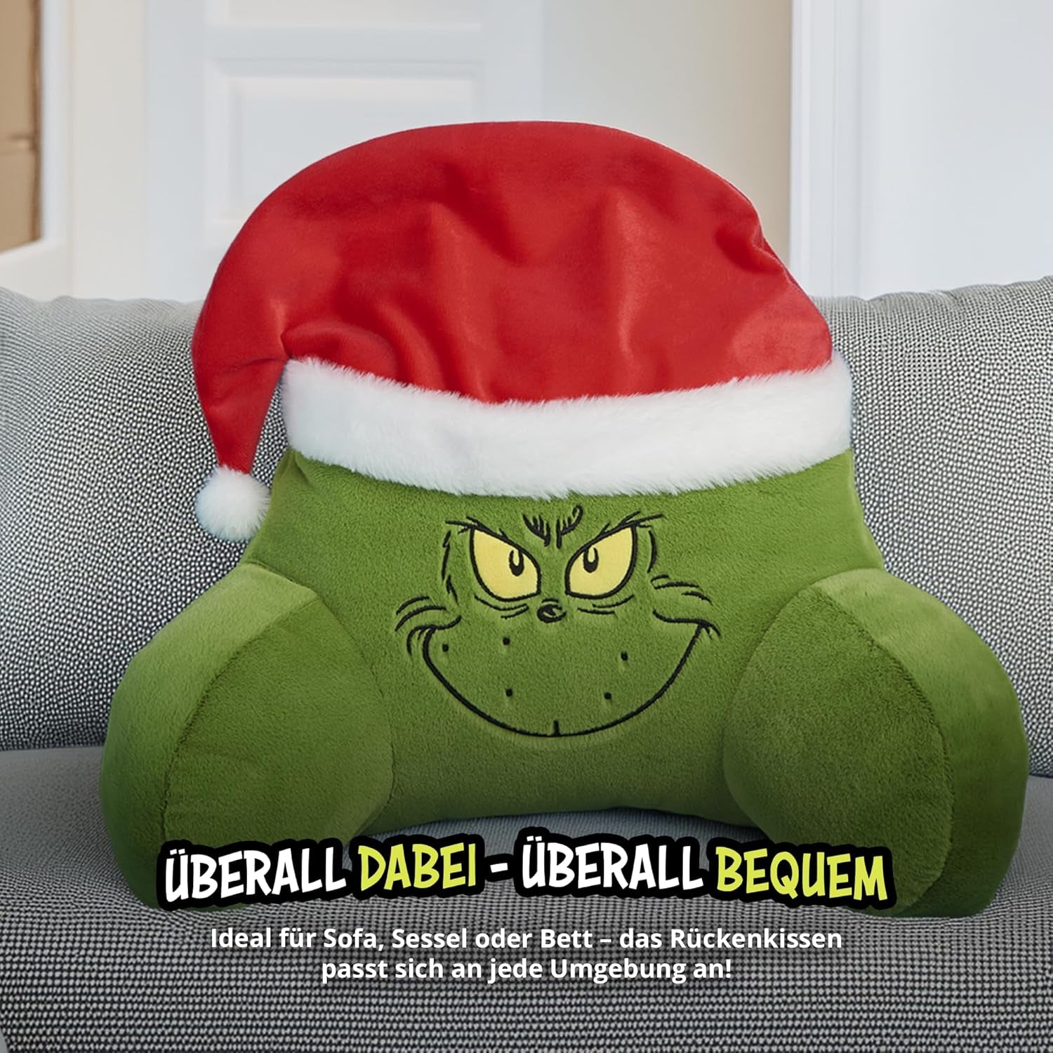 Perna Grinch - Pernă de spate pentru pat și canapea, suport pentru spate cu cotiere, pernă de citit pentru spate, gât și cap, verde, 40 x 38 cm